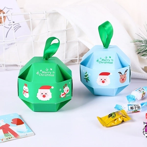 Festive blue and green Christmas gift boxes with Santa patterns and satin handles