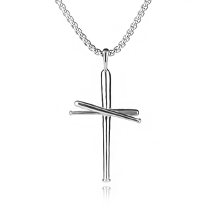 Polished silver stainless steel baseball bat cross necklace with box chain for men
