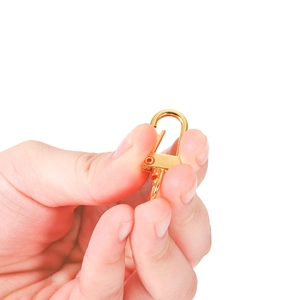 Close-up of golden lobster clasp showing swivel snap hook mechanism on white background