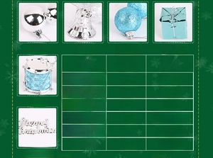 Detailed size specifications for assorted Christmas tree ornaments including bells and balls