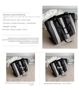 Comparaison de taille détaillée du grand sac cabas rayé avec papier A4 et iPad