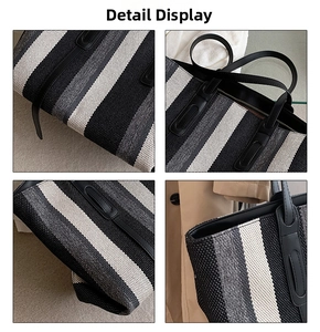 Détails de la texture rayée du sac cabas avec coutures de poignée en cuir et fermeture éclair