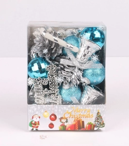 Lake blue and silver Christmas tree ornaments box including baubles, pinecones and bells