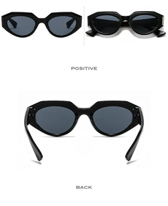 Three-view layout of black geometric cat-eye sunglasses from front, top, and back angles