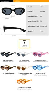 Detailed size specifications and 7 color options for irregular geometric cat-eye sunglasses