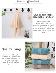 Absorbent thick cotton towels in grey, blue, and beige with stylish striped texture