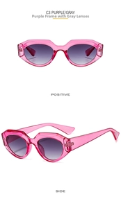 Detail view of purple geometric frame sunglasses with gray gradient lenses model C3