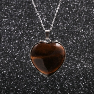 Natural Gemstone Heart Pendant Necklace Stainless Steel O-Chain Alloy Setting Fashion Jewelry For Women