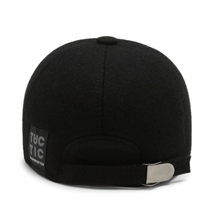Men's winter baseball cap in black wool blend fabric with ear protection and back strap