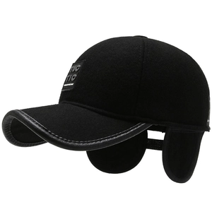 Winter thermal baseball cap with ear flaps made of thick black wool fabric for men