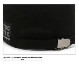 Detail of adjustable metal buckle and woven strap on winter wool baseball cap for men