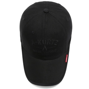 Black cotton baseball cap with A-KURTZ embroidery and a red woven side label