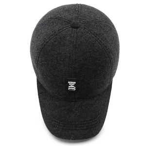 Dark grey wool baseball cap with outdoor sport logo and ear protection for winter