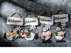 Detailed view of four snowman welcome hanging ornaments for Christmas tree decor