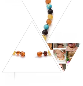 Detail showing Baltic amber baby necklace with turquoise beads and safety screw clasp