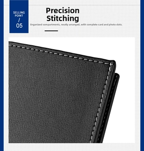 Détail de couture blanche précise sur un portefeuille bifold en cuir noir pour homme