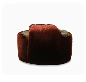Side view of winter trapper hat with thick brown faux fur and olive green canvas panels