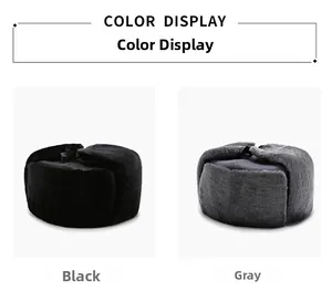 Detail view of winter trooper hats in black and grey with thick faux fur lining for warmth