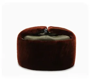 Rear view of winter trapper hat with olive green fabric and brown faux fur lining