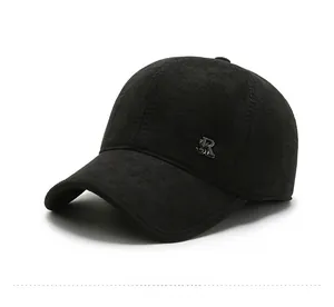 Close-up of black wool baseball cap with metallic SR side logo and curved visor