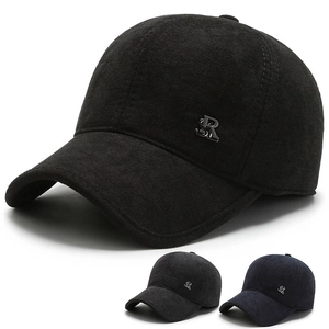 Men Winter Baseball Cap Warm Woolen Fabric Windproof Outdoor Ear Flaps Adjustable Metal Logo Classic Solid Color