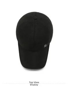 Top down view of black cotton winter baseball cap for men with metal logo detail