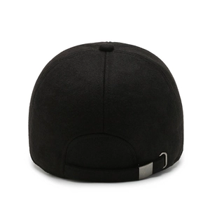 Rear view of black winter baseball cap for men with adjustable metal buckle and warm fabric
