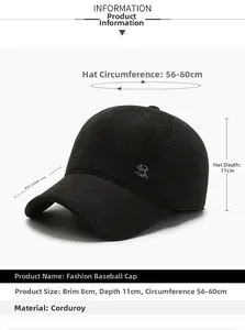 Detail of black corduroy baseball cap with 8cm brim and metallic letter decoration