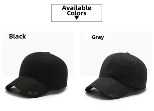 Detail view of sport baseball caps for seniors in black and gray with side embroidery
