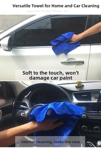 Detailed views of thick blue microfiber towel cleaning car windows and interiors