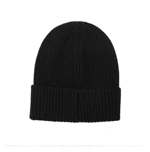 Macro detail of the black ribbed knit beanie showing back side texture and folded cuff