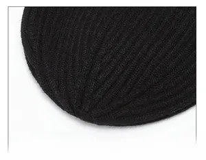 Close-up of the detailed suture technique and knit texture on the black beanie crown