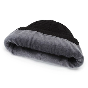 Winter warm black knitted beanie hat with thick grey faux fur lining for men and women