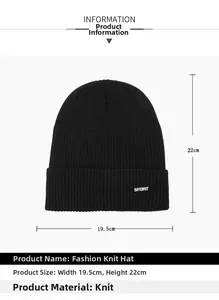 Detailed size chart of a black knit beanie with sport patch showing 19.5cm by 22cm dimensions