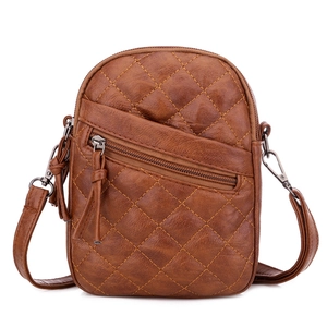 Vintage brown quilted crossbody bag for women with diamond embroidery and multi-layer zipper