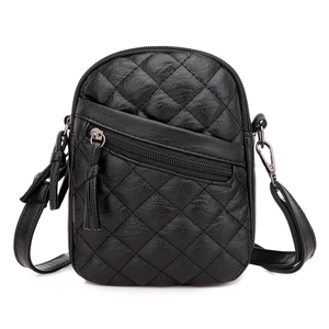 Quilted black PU leather crossbody phone bag with adjustable strap and tassel zipper