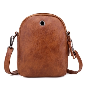 Vintage brown leather crossbody bag for women with earphone hole and quilted texture
