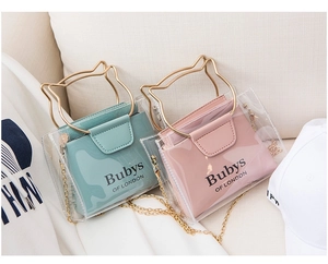 Detail of transparent PVC jelly bag with cat ear metal handles and colorful inner pouches