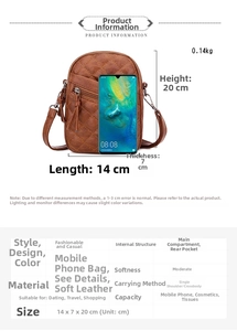 Detailed view of quilted faux leather crossbody bag showing dimensions 14x7x20cm and weight