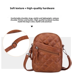 Detail view of brown quilted crossbody bag with tassel zipper and adjustable shoulder strap