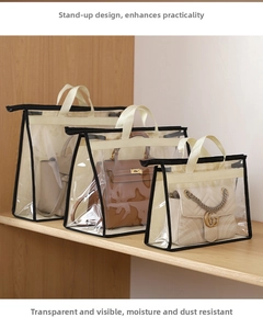 Three-piece set of transparent PVC dust bags for handbags showing various sizes and top handles