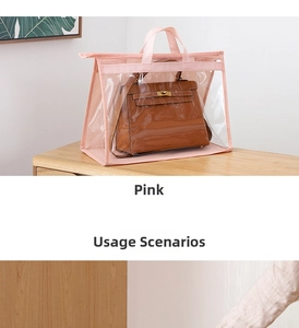 Detailed view of pink PVC dust bag with nylon handle for luxury handbag storage