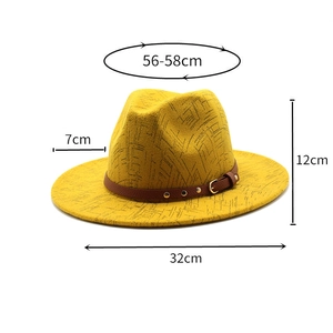 Detailed dimensions of yellow wool fedora hat with brown studded leather belt