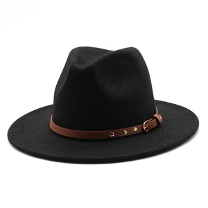 Classic black felt fedora hat with a brown leather studded band shown from a side-front angle