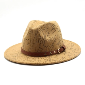 Unisex khaki wool felt jazz fedora hat with geometric patterns and leather buckle strap