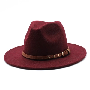 Classic burgundy wool fedora hat with brown leather band and gold metal buckle