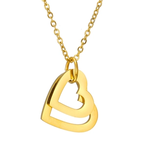 Golden double heart hollow pendant necklace with O-chain in polished stainless steel