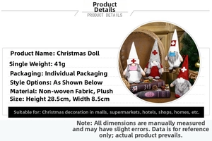 Détail montrant les dimensions et matériaux en peluche des gnomes de Noël soignants