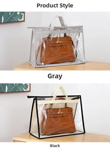 Detail view of grey and black PVC handbag dust covers with zipper and fabric handles