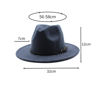 Detailed view of dark blue plaid wool fedora hat with size specifications and leather band